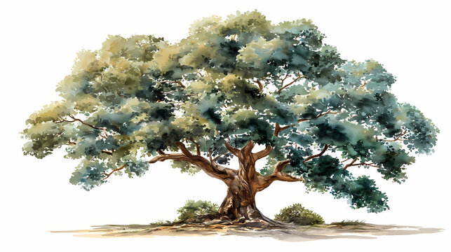 Watercolor Illustration of Sycamore Fig Tree &ndash; Sprawling Canopy with Clustered Figs