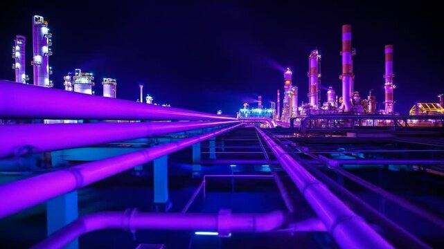Industrial gas pipeline in oil refinery. Transportation of natural resources, production, power, energy. Night view, factory lights in the background. 4k video