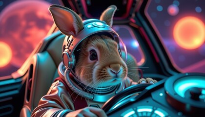 Cute anthropomorphic bunny astronaut with large eyes wea helmet inside spaceship cockpit with outer space view including planets and stars in vibrant sci-fi style