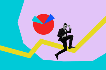 Creative full art collage of happy businesswoman businessman stand graph development stats diagram...