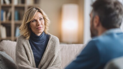 The woman attentively listening during a meaningful conversation in a cozy living room.