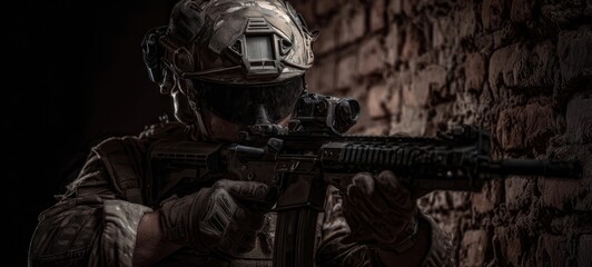 The soldier aiming with a rifle in a dramatic tactical environment.