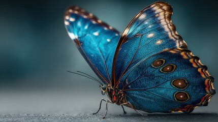 Beautiful blue butterfly resting on a surface with intricate wing patterns in soft lighting