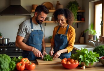 Young happy couple is enjoying and preparing healthy meal in their kitchen