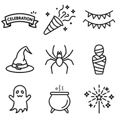 Halloween celebration illustrations featuring ghosts, hats, and spiders  