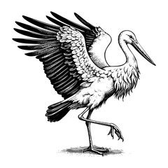stork spread wings engraving black and white outline. Scratch board imitation.