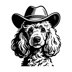 Dog wear cowboy hat sketch engraving black and white outline. Scratch board imitation.