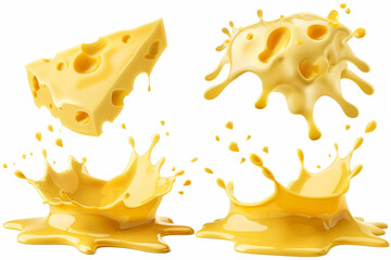 Dynamic splash of melted cheese and a block of Swiss cheese with holes.