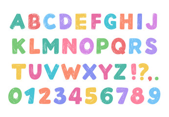 Cartoon hand-drawn alphabet, letters and figures. Cute children doodle illustratons, set of vector characters