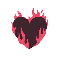 Burning heart, heart on fire, in flames. Simple love illustration, drawing