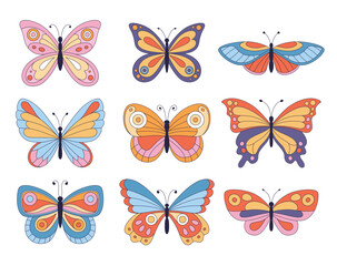 Decorative cartoon style butterflies, set of illustrations