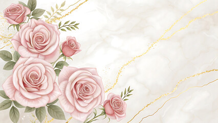 Elegant Pink Roses with Golden Accents on a Marble Background Beautiful Floral Arrangement for Invitations or Decorative Purposes