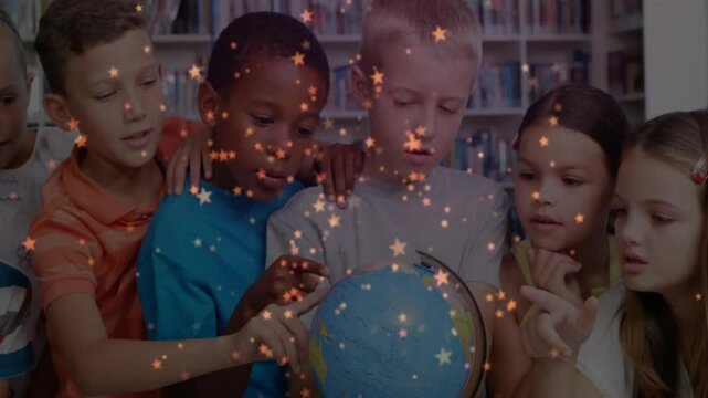 Classmates leaning over globe in school with hands spinning globe learning geography star sparkles