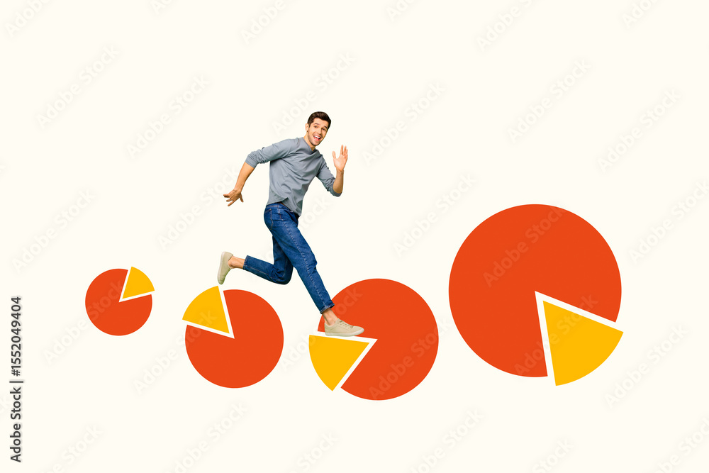 Poster Trend artwork creative sketch 3D photo collage of young man smile run way data diagram match piece trader target success analyzing goal