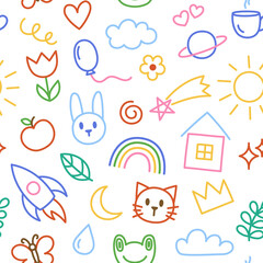 Kids, children doodles, drawings, scribbles pattern, seamless background. Set of hand-drawn illustrations