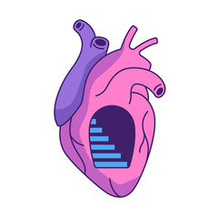 Anatomic human heart with an arch with stairs inside, abstract surreal love illustration