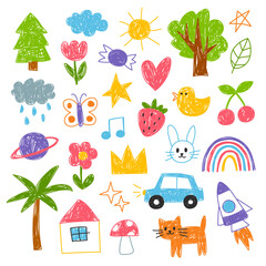 Kids, children doodles, drawings, scribbles. Set of hand-drawn illustrations