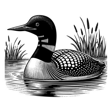 loon duck on lake sketch engraving black and white outline. Scratch board imitation.