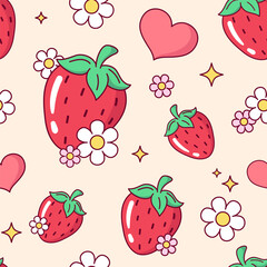 Strawberry, heart and flowers seamless pattern, background. Simple cute cartoon style drawing