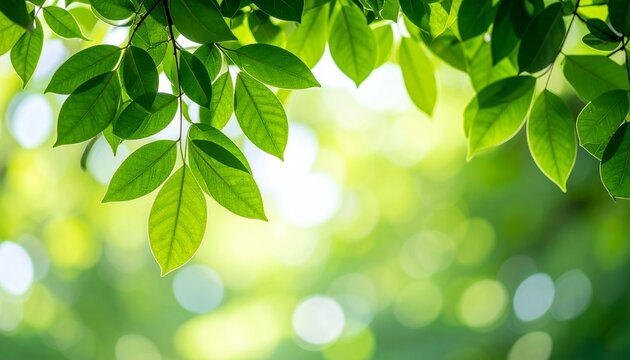 Sunlight filtering through vibrant green leaves on tree branches in a lush forest