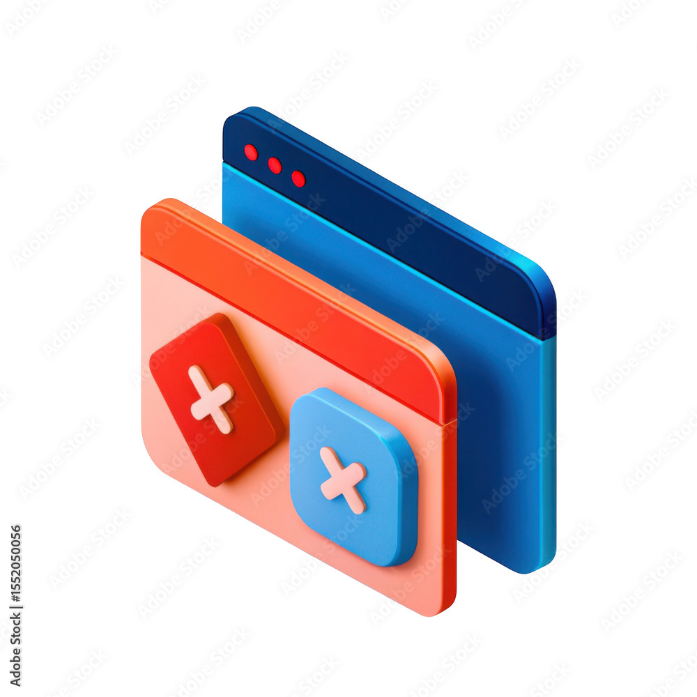 Poster 3d isometric illustration of two browser windows with close buttons isolated on transparent backgrou