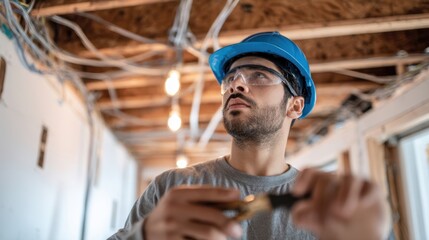 The focused electrician inspecting wiring during a home renovation project.