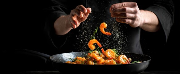 The chef skillfully prepares succulent shrimp in a sizzling pan.