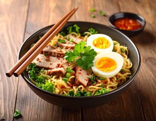 Hot Noodle Bowl with Tender Meat Soft Boiled Egg Fresh Greens and Mild Chili Styled for Comfort Food Display