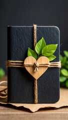 Elegant Black Notebook with Wooden Heart, Twine, and Greenery; Eco-Friendly Gift Concept.