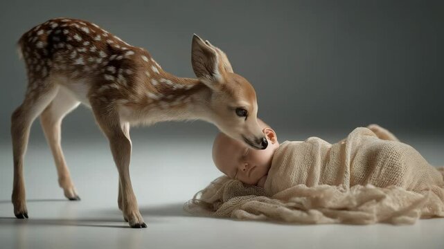 Rehkitz schnuppert an schlafendem Baby im Fotostudio. K&uuml;nstliche Intelligenz KI