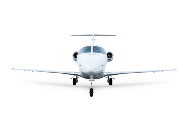 Front view of the white modern executive aircraft isolated