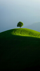 Serene Landscape: Single Tree on Rolling Green Hill Under a Pale Sky