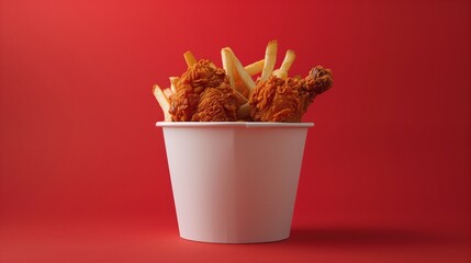 modern and minimalist food presentation featuring a white bucket of fried chicken, perfectly crisp and golden, with an enticingly crunchy exterior