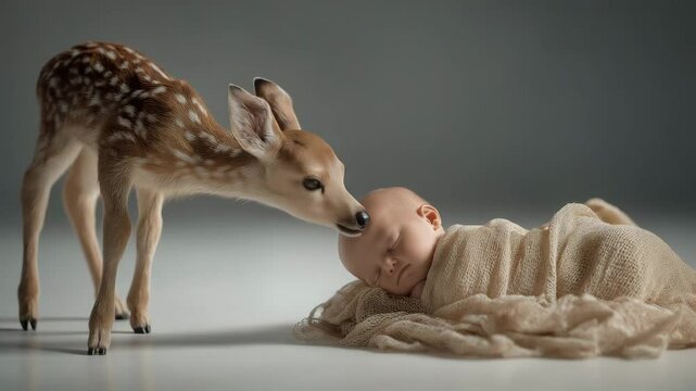 Rehkitz schnuppert an schlafendem Baby im Fotostudio. K&uuml;nstliche Intelligenz KI