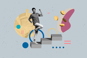 Poster trend collage of person on stairs winning reach money on grey background