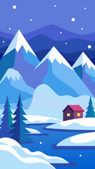 Fototapeta premium Cozy cabin nestled in a snowy mountain landscape with a frozen river