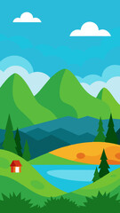 Obraz premium Peaceful mountain landscape with a small cabin by a lake and pine trees