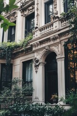 Naklejka premium In a vibrant urban setting illuminated by daylight, vintage architecture showcases intricate carvings adorned by lush greenery that adds to its charm