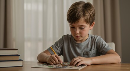 Young boy drawing with pencil at home on wooden table  