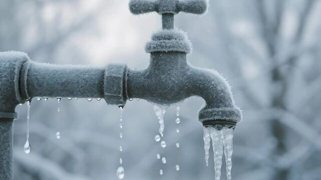 Frozen outdoor metal faucet covered in ice and frost with icicles forming in cold winter weather