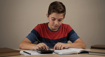 Young boy studying at desk with calculator and textbook  