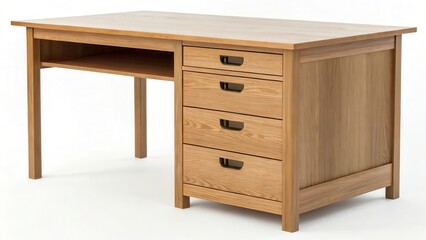 Traditional light wood desk featuring four side drawers and an open shelf, ideal for home office or study organization and work use.