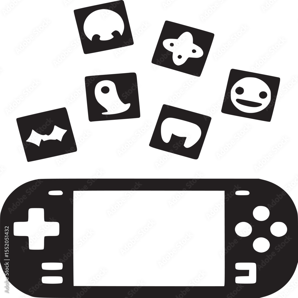 Poster black and white illustration of a handheld game console with floating icon squares above it