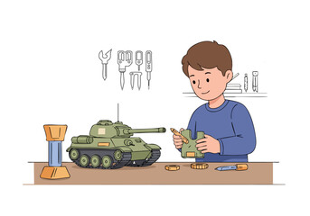 A young boy meticulously assembles a tank model kit on a workbench, surrounded by tools. A detailed illustration showcases his focused activity and passion for building.