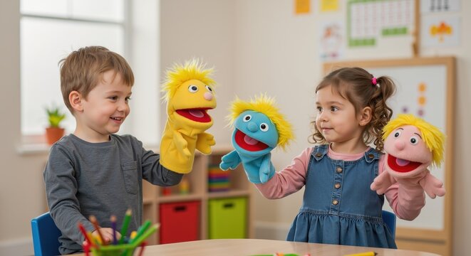 Two children playing with colorful puppets in classroom setting  