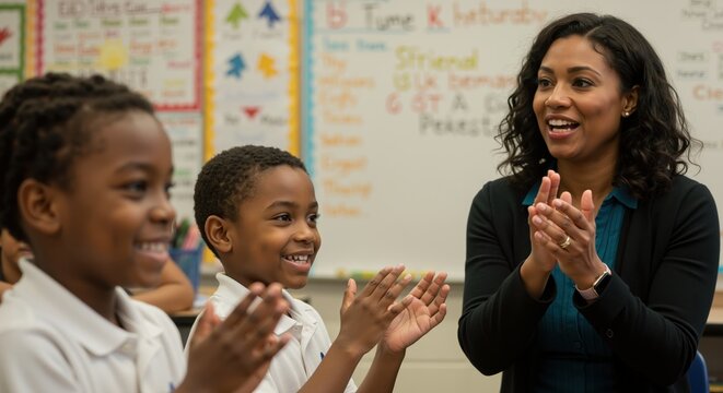 Teacher and students clapping together in classroom with joyful expressions