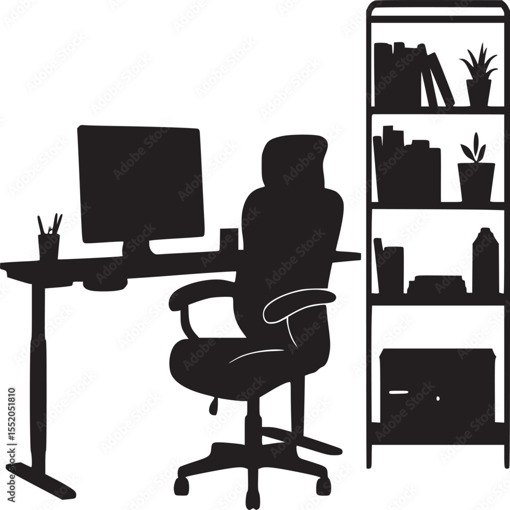 Poster silhouette of a desk with computer chair and bookshelf against a white background view