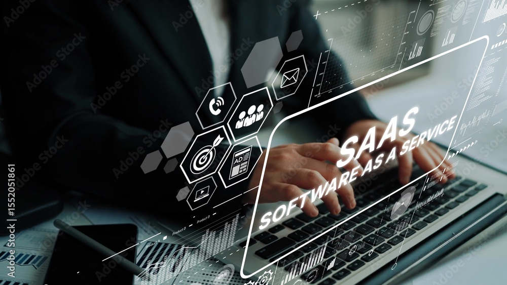 Poster innovative software solutions: professional workspace with technology and virtual elements depicting