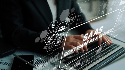 Innovative Software Solutions: Professional Workspace with Technology and Virtual Elements...