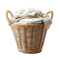 Wicker laundry basket filled with clean clothes isolated on transparent background